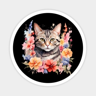 An american shorthair cat decorated with beautiful watercolor flowers Magnet